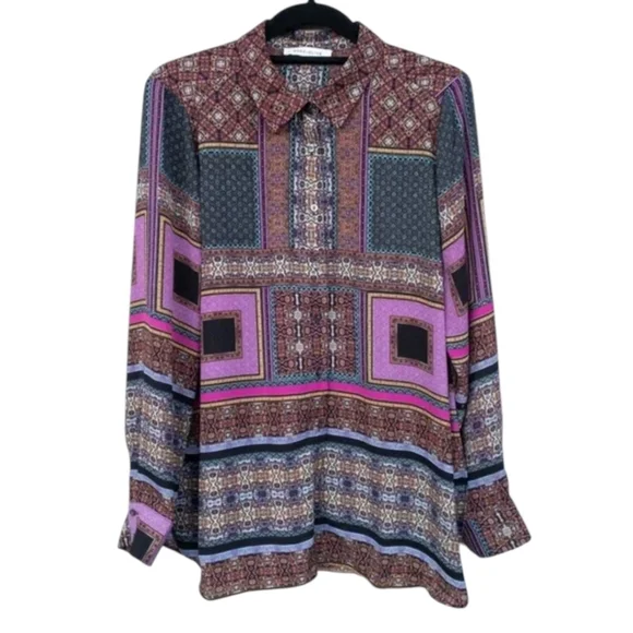 Rose + Olive patchwork Print Multicolor Teal/Purple/ Brown Blouse Sz S - Picture 5 of 9